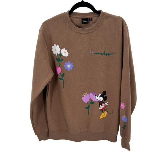 Disney Mickey Crew Neck Sweatshirt Tan With Floral Graphics Womens M - Picture 1 of 10